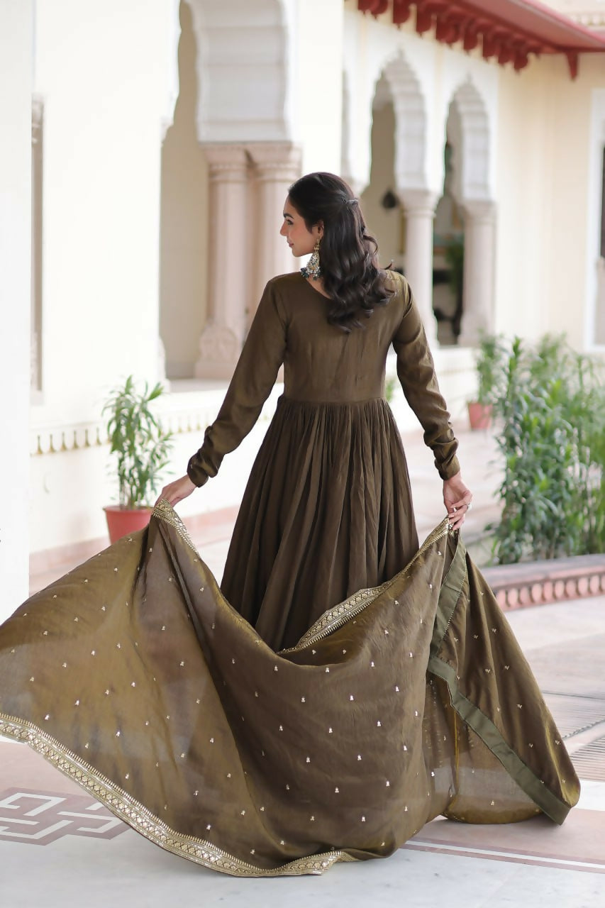 Teeya Creation Womens New Fancy Vichitra Silk With Rich Sequins Embroidered Work Gown Set