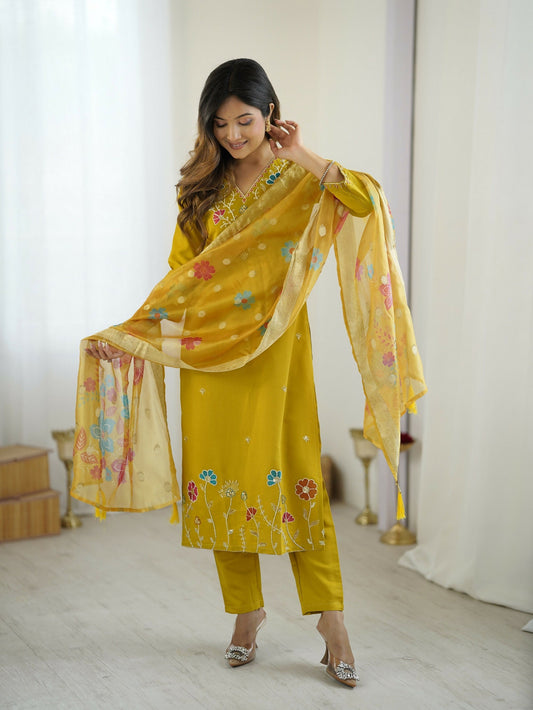 The52 Yellow Women's Gorgeous Embroidered work Viscose Gadhwal Fabric Straight Kurta, Pant and Dupatta Set | Grab2Buy