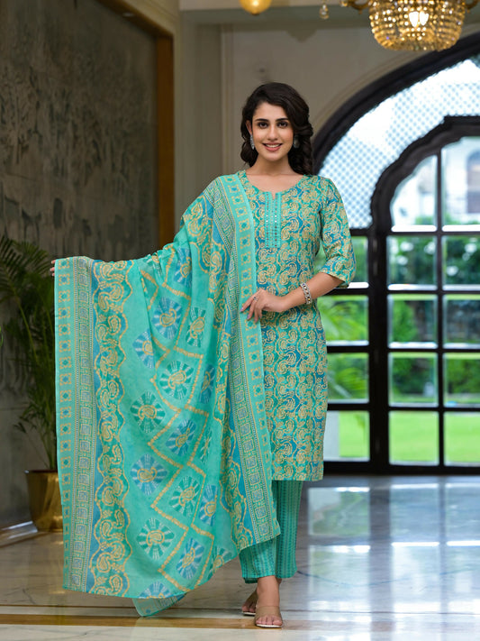 Juniper Women's Green Ethnic Motif Printed Cotton Kurta Pant And Dupatta Set With Mirror Work & Sequins