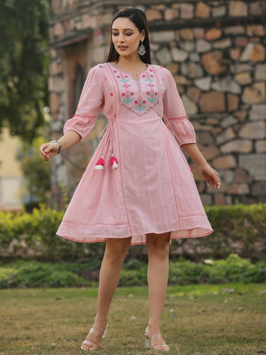 Juniper Women's Pink Cotton Dobby Embroidered Flared Dress
