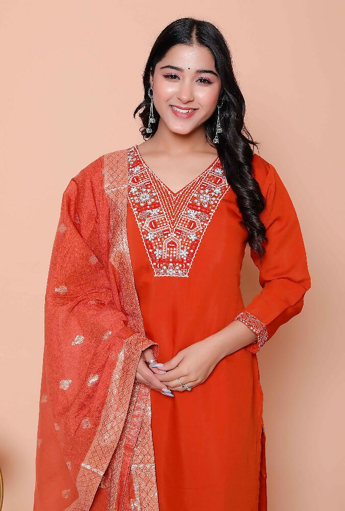 Miravan Womens Orange Embroidered Straight Kurta With Palazzo And Dupatta Set