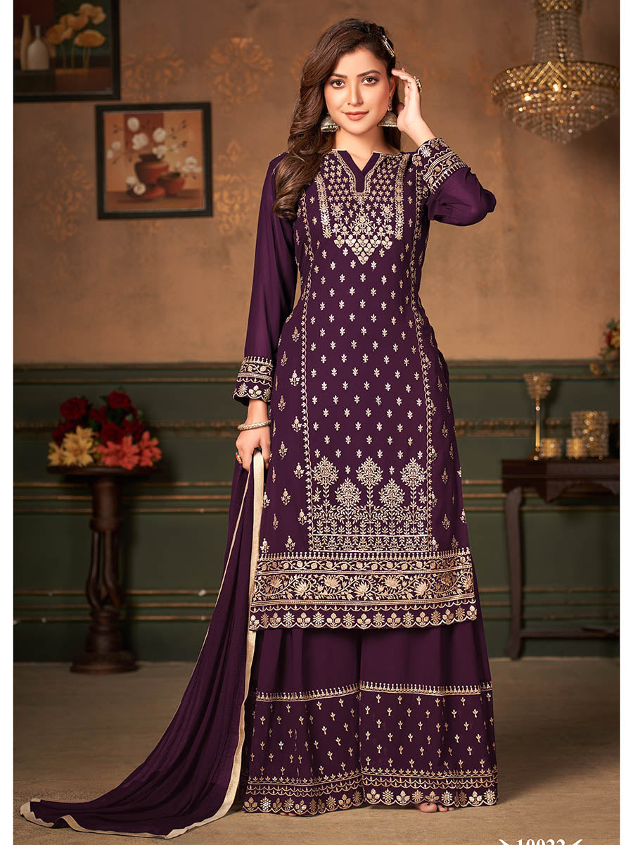 Myra Wine Faux Georgette Embroidered Sharara Suit 