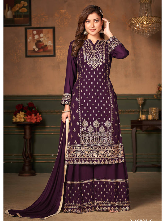 Myra Wine Faux Georgette Embroidered Sharara Suit 