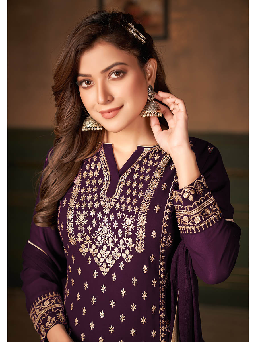 Myra Wine Faux Georgette Embroidered Sharara Suit 