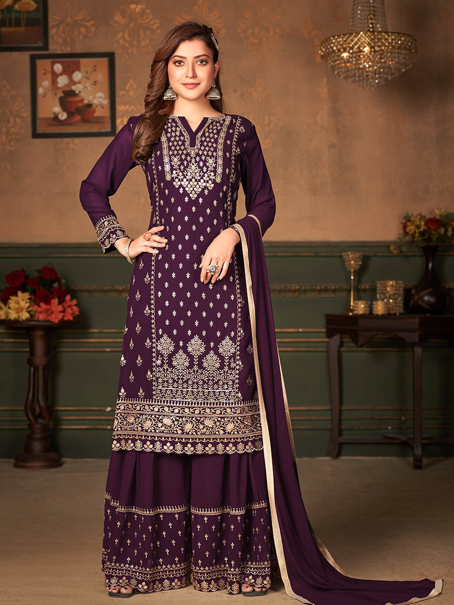 Myra Wine Faux Georgette Embroidered Sharara Suit 