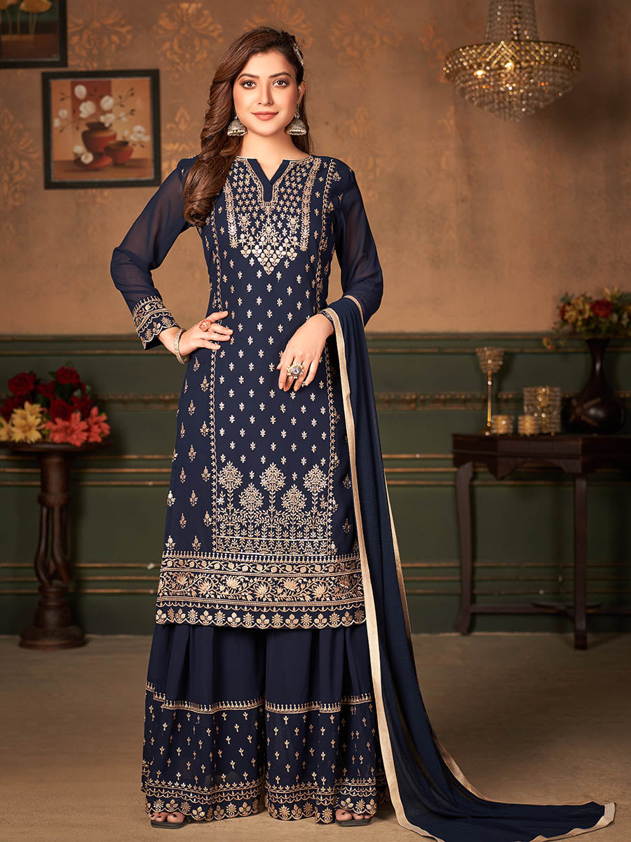 Myra Navy Blue Faux Georgette Embroidered Sharara Suit 