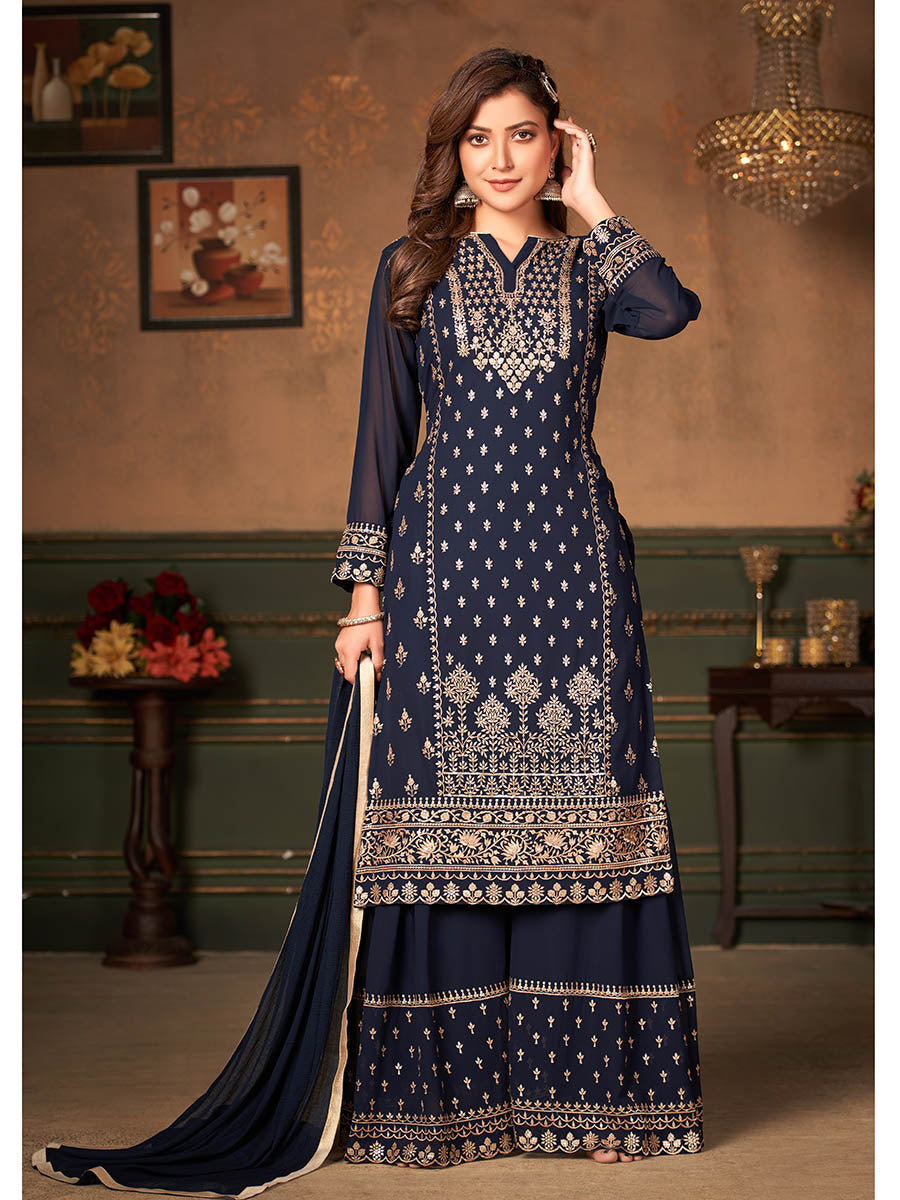 Myra Navy Blue Faux Georgette Embroidered Sharara Suit 