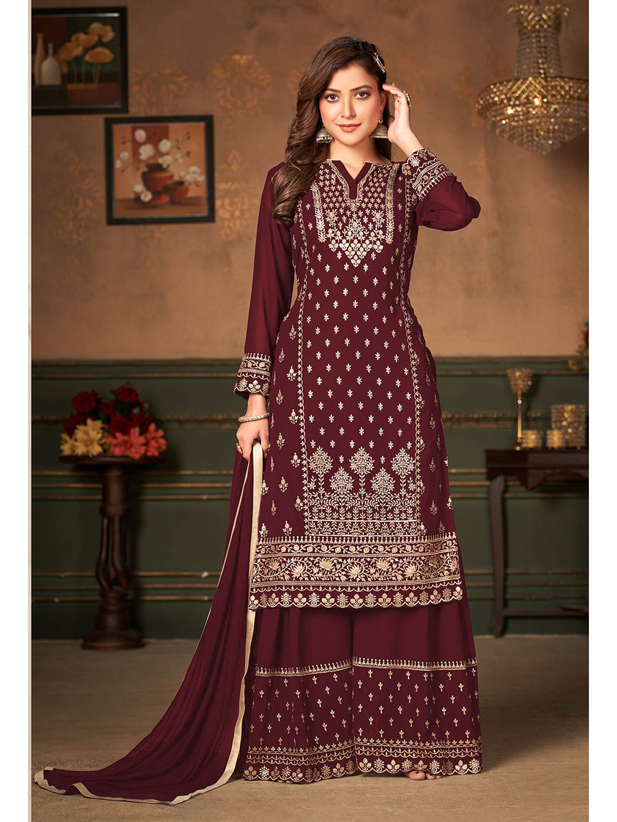 Myra Maroon Faux Georgette Embroidered Sharara Suit 