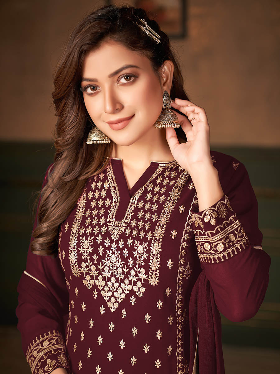 Myra Maroon Faux Georgette Embroidered Sharara Suit 