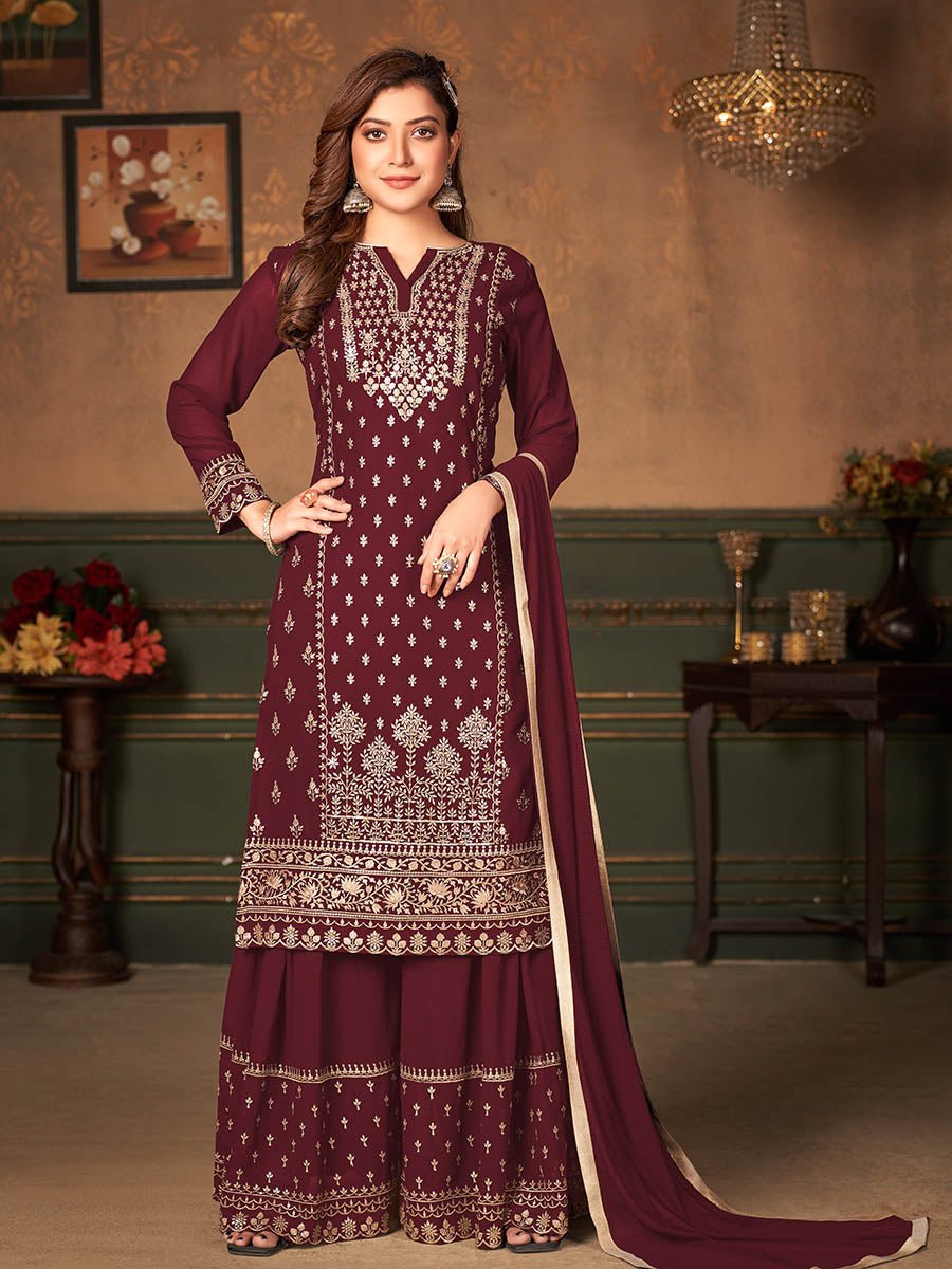 Myra Maroon Faux Georgette Embroidered Sharara Suit 