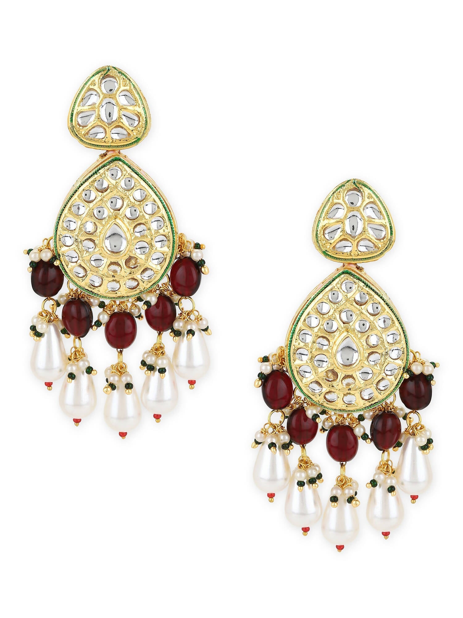 Gold-Toned White Kundan Contemporary Gold-Polished Jhumkas Earrings - Ruby Raang | Swadesiicart