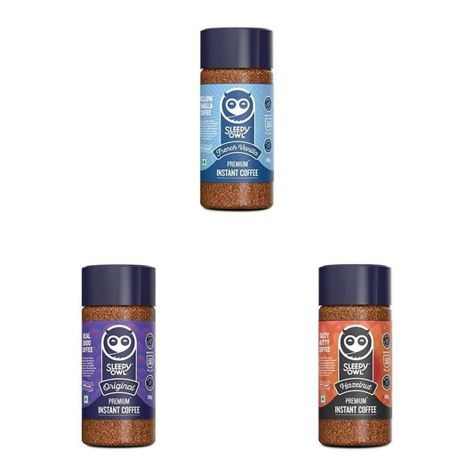 Sleepy Owl Premium Instant Coffee Original, French Vanilla, Hazelnut Combo - Grab2buy
