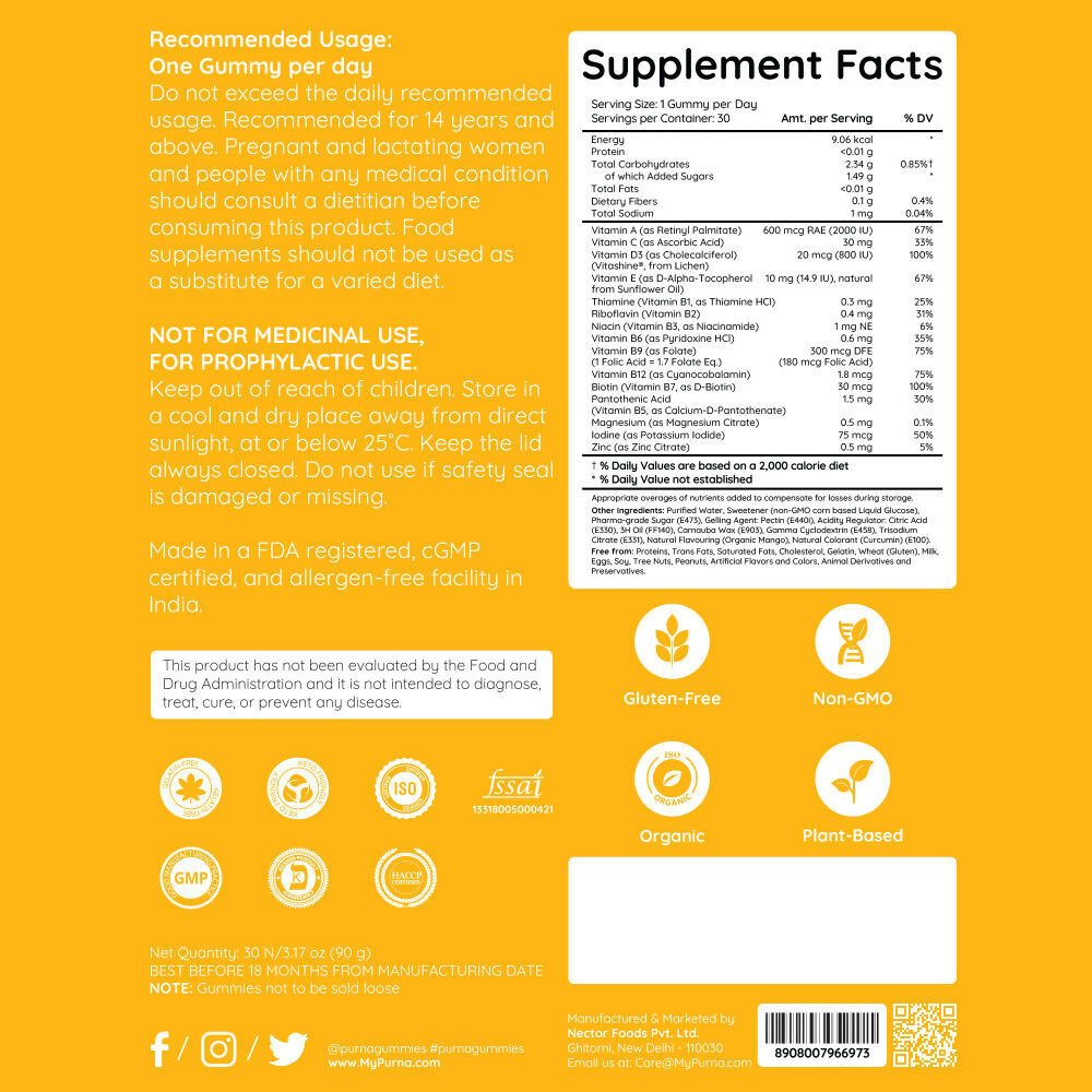 Purna Gummies Multivitamin Mango Gummies with Vitamins & Minerals 
