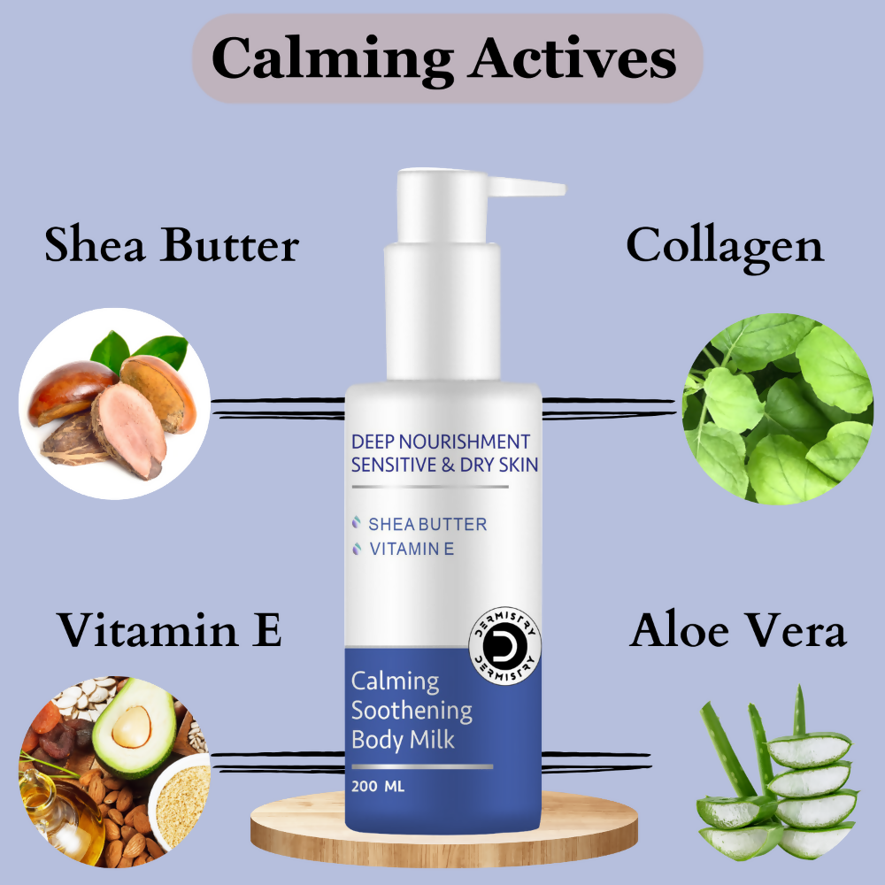 Dermistry Sensitive & Dry Skin Care Calming Soothing Body Milk Lotion Shea Butter & Vitamin E 