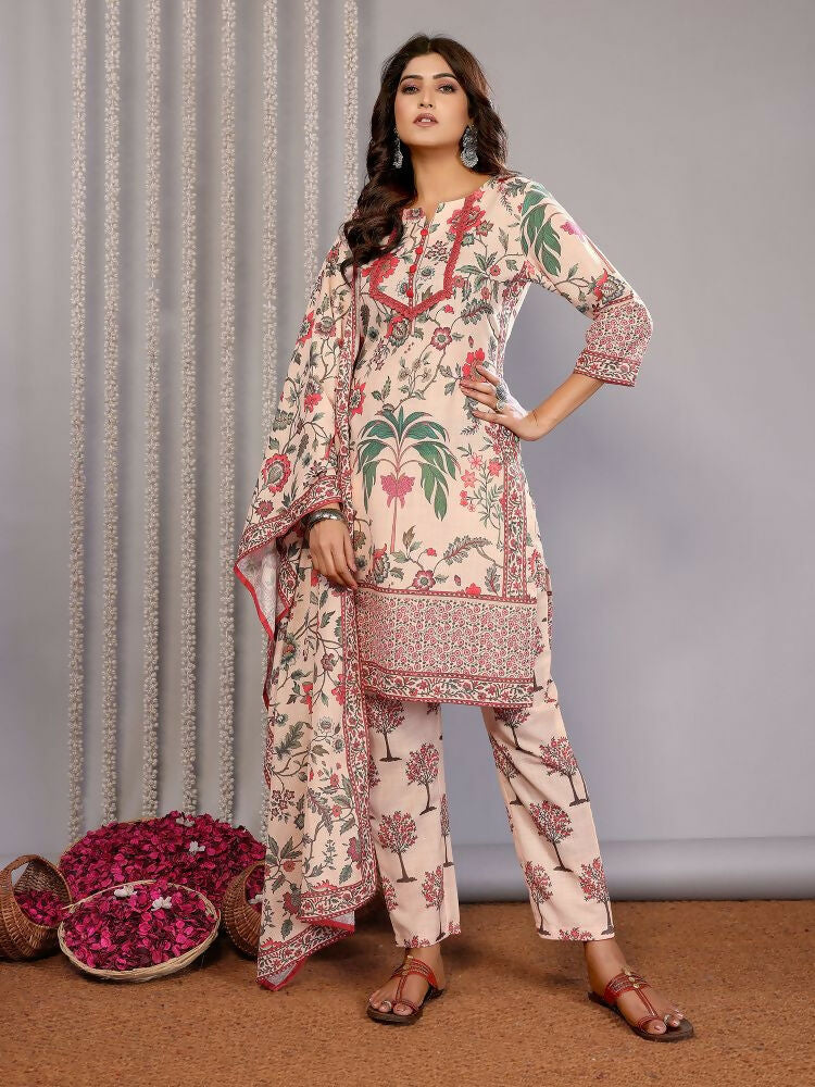 Joban Fashion Women Cream Linen Printed Stitched Kurta Set
