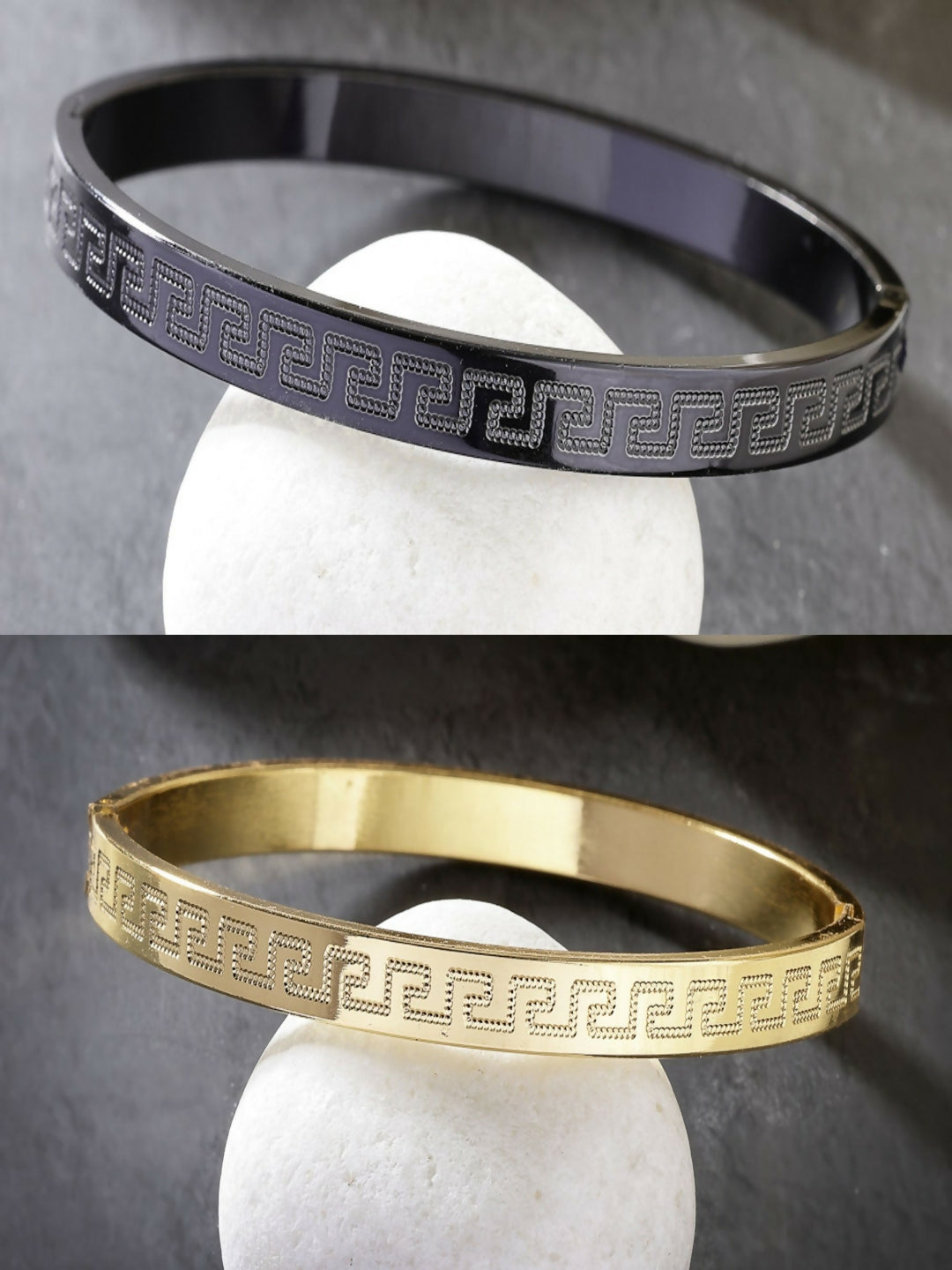 NVR Men's Set of 2 Gold & Black Rhodium-Plated Stainless Steel Kada Bracelet | Grab2Buy