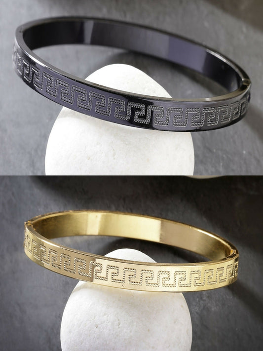 NVR Men's Set of 2 Gold & Black Rhodium-Plated Stainless Steel Kada Bracelet | Grab2Buy