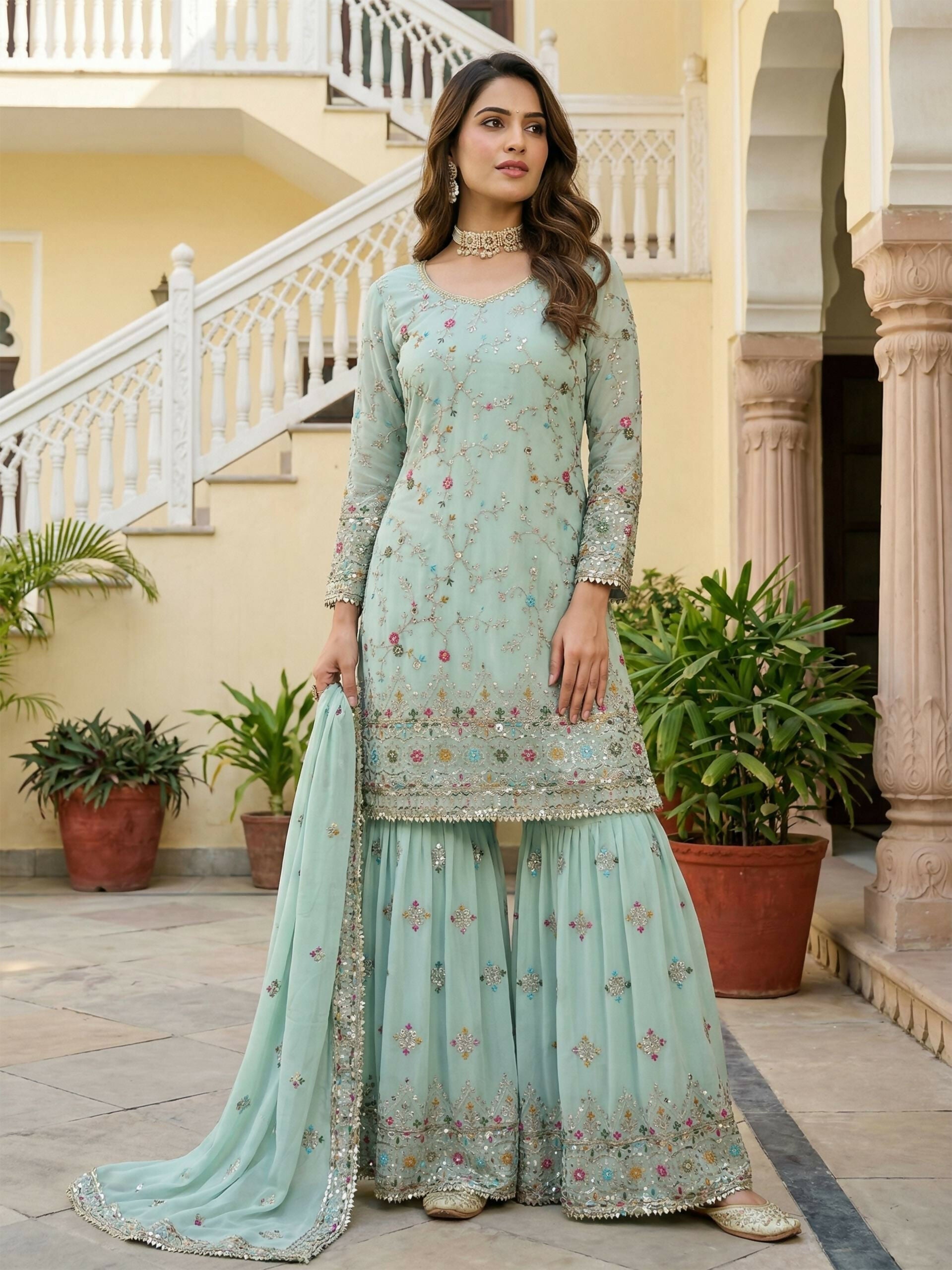 Joban Fashion Sky Georgette Embroidered Sharara Set
