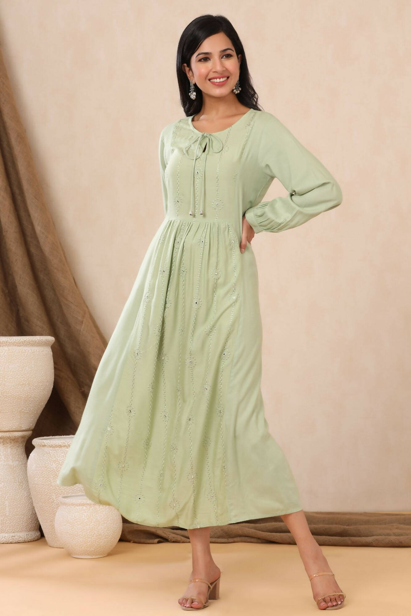 Juniper Women Lightolive Rayon Embroidered A-Line Dress