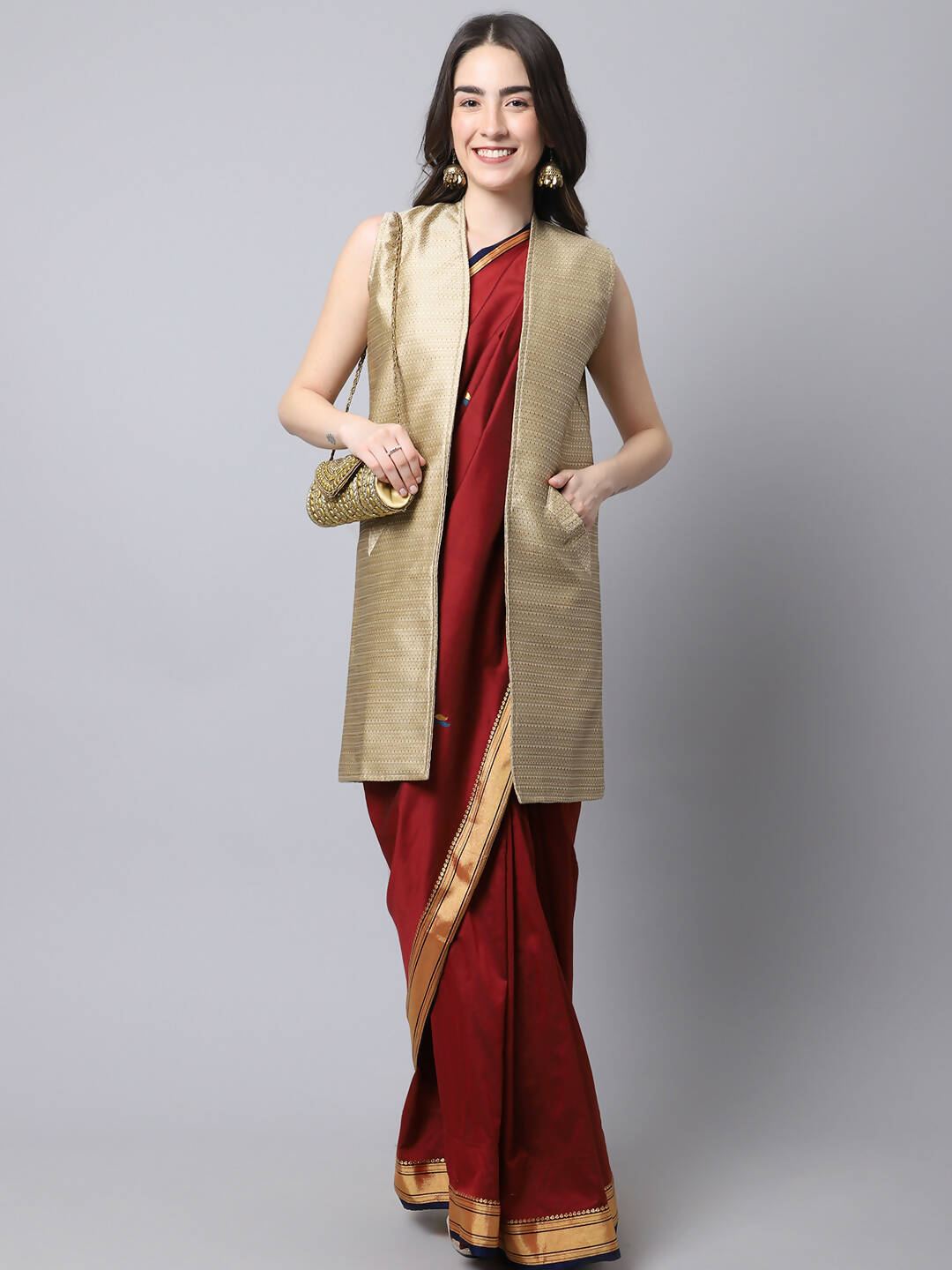 Even Apparels Beige Bansari Silk Open Front Women's Long Coat