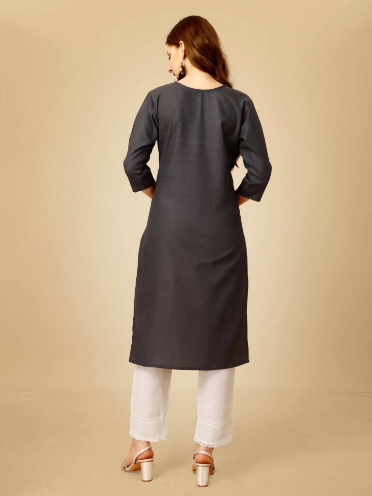 Aastha Fashion Women's Grey Cotton Blend Embroidered Kurta Pant Set - Grab2buy