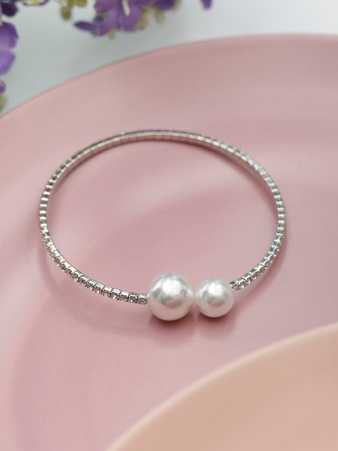 Priyaasi Women American Diamond Perals Silver Plated Circle Cuff Bracelet | Grab2Buy