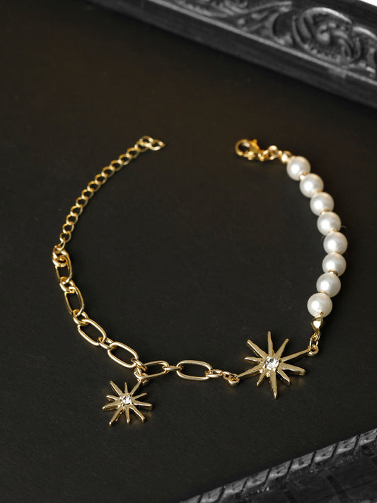 Priyaasi Women White American Diamond Pearls Gold-Polished Star Link Bracelet | Grab2Buy