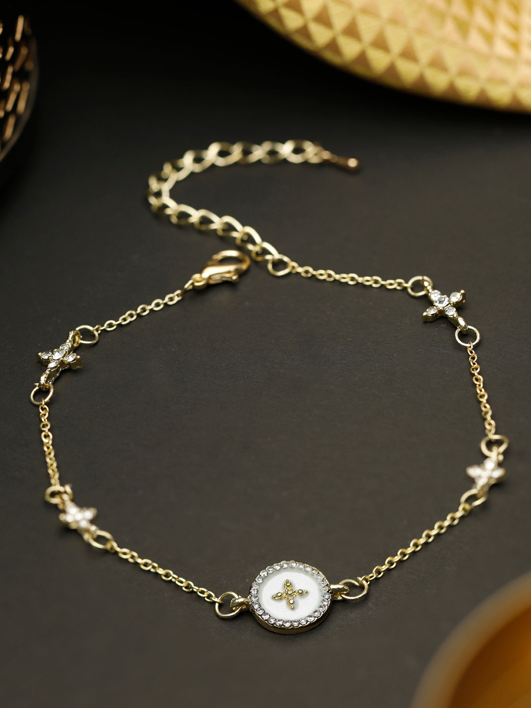 Priyaasi Women White American Diamond Gold-Polished Star Link Bracelet 
