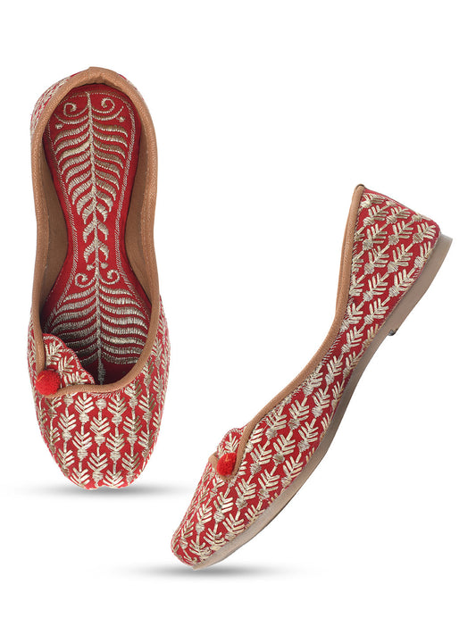 Desi Colour Women Indian Ethnic Footwear-Cushioned Embroidered Ruby