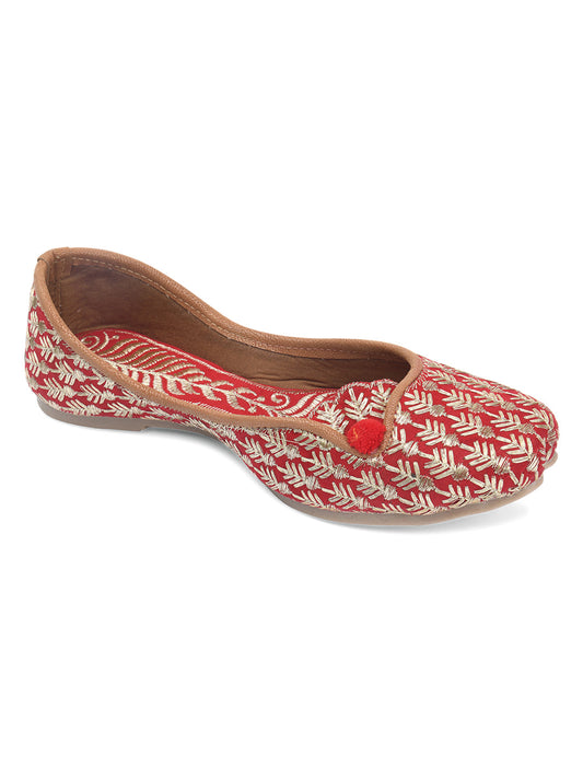 Desi Colour Women Indian Ethnic Footwear-Cushioned Embroidered Ruby