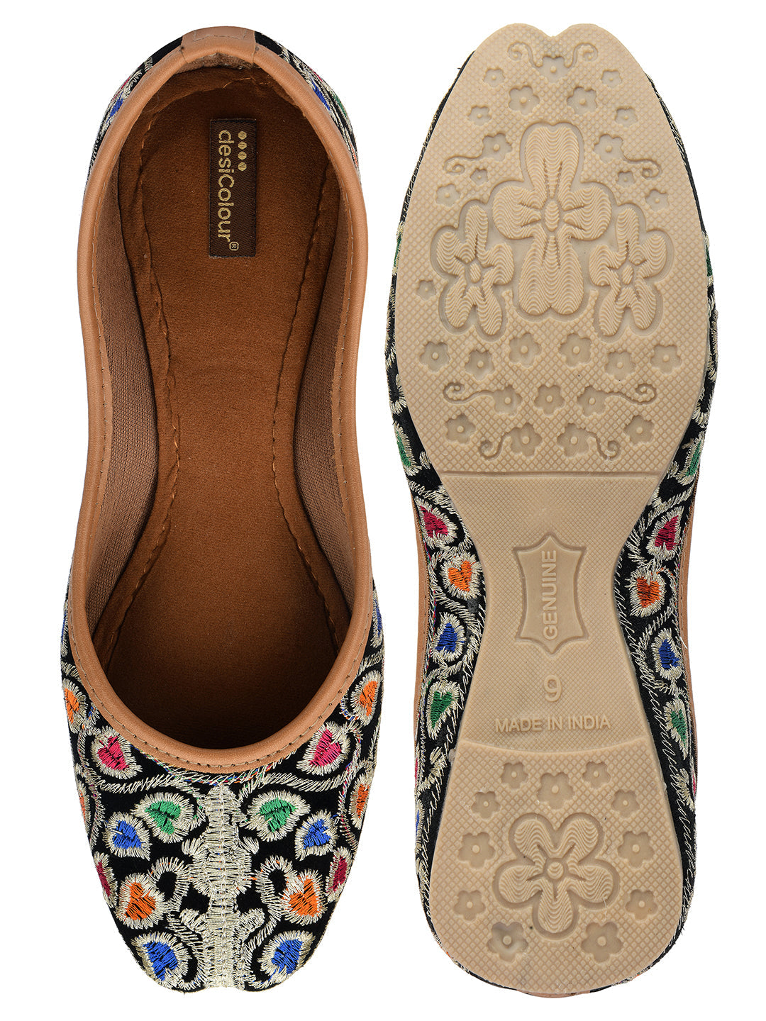 Desi Colour Women Indian Ethnic Footwear-Black Multi Floral