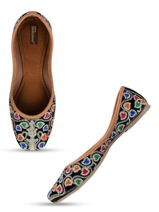 Desi Colour Women Indian Ethnic Footwear-Black Multi Floral