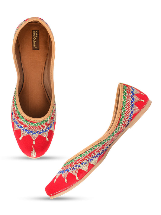 Desi Colour Women Indian Ethnic Footwear-Embroidered Red Zari