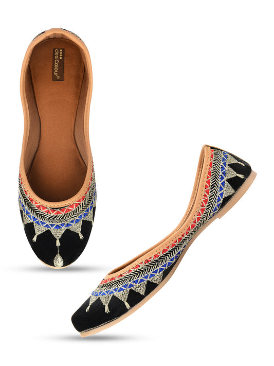 Desi Colour Women Indian Ethnic Footwear-Embroidered Black Zari
