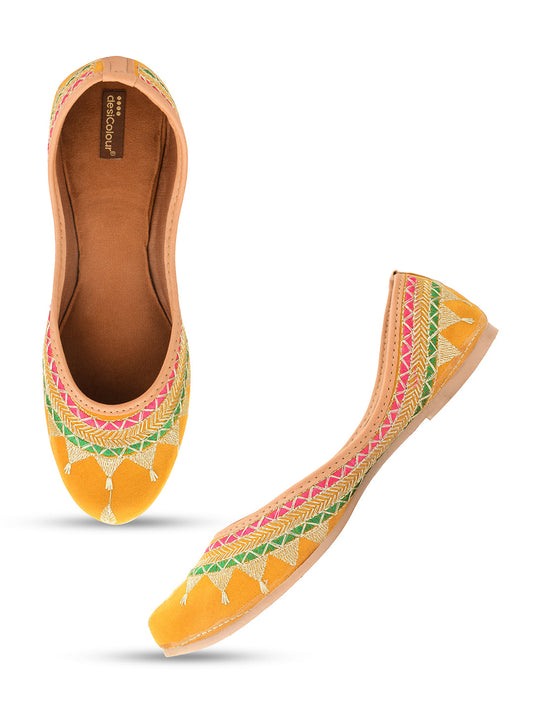 Desi Colour Women Indian Ethnic Footwear-Embroidered Mustard Zari