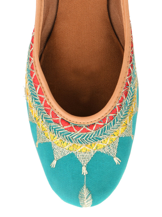 Desi Colour Women Indian Ethnic Footwear-Embroidered Sea Green Zari