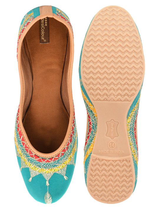 Desi Colour Women Indian Ethnic Footwear-Embroidered Sea Green Zari