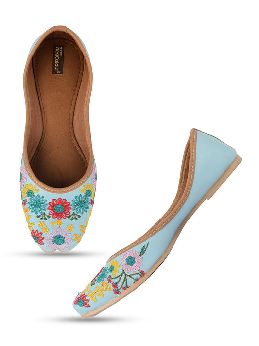 Desi Colour Women Indian Ethnic Footwear-Cushioned Sky Blue Floral Emb