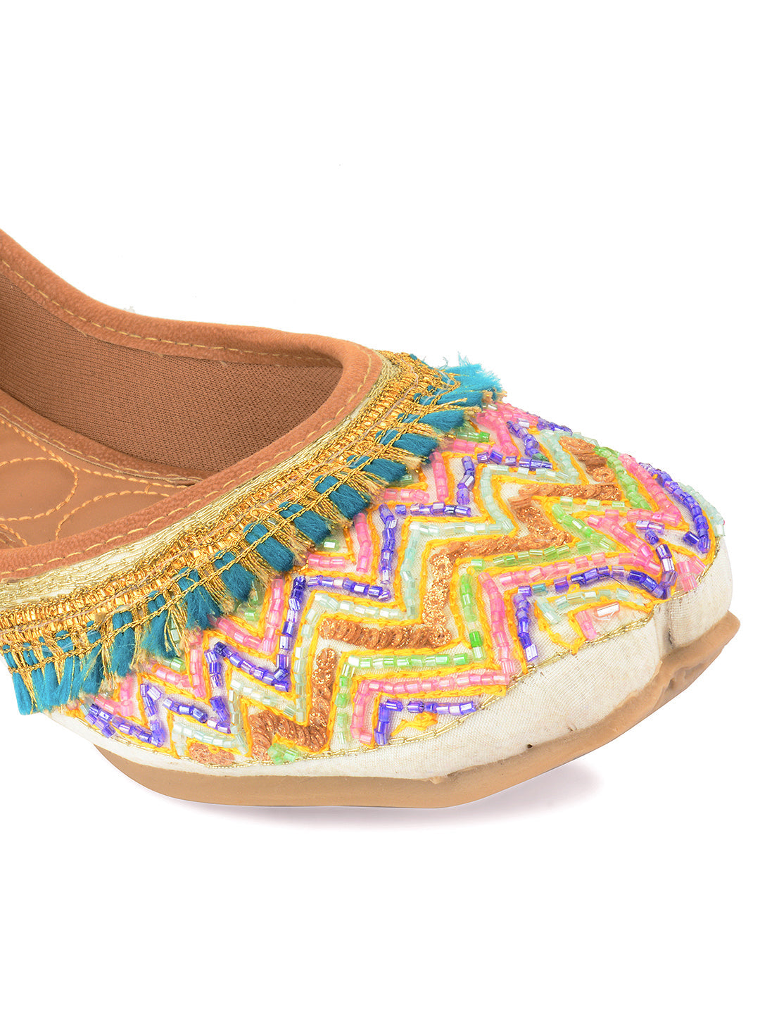 Desi Colour Women Indian Ethnic Footwear-White Multi Zigzag