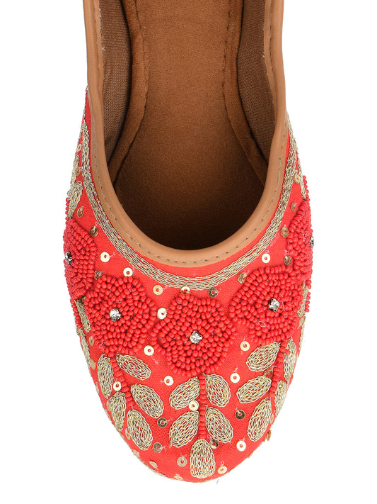 Desi Colour Women Indian Ethnic Footwear-Red Pearl Flower