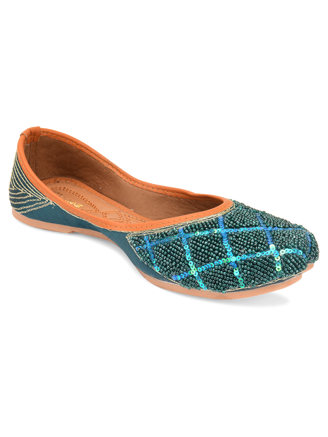Desi Colour Women Indian Ethnic Footwear-Teal Pearl