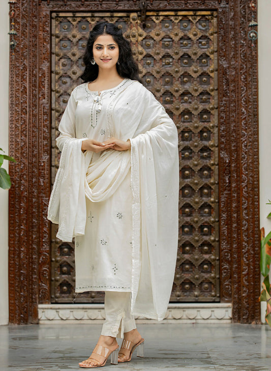 Kaajh Women's Off White Mirror Embellished Cotton Suit Set
