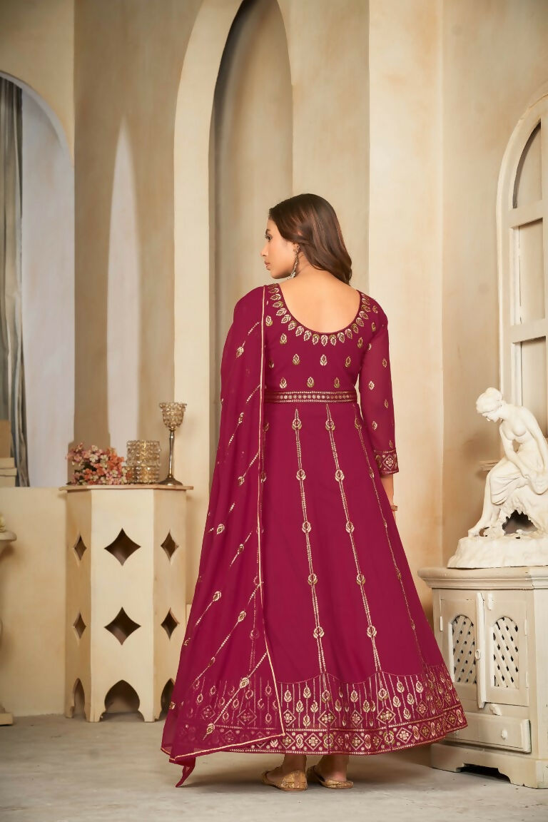 Jyoti Fashion Women's Rani Pink Georgette Embroidered Anarkali Kurta Pant Set With Dupatta