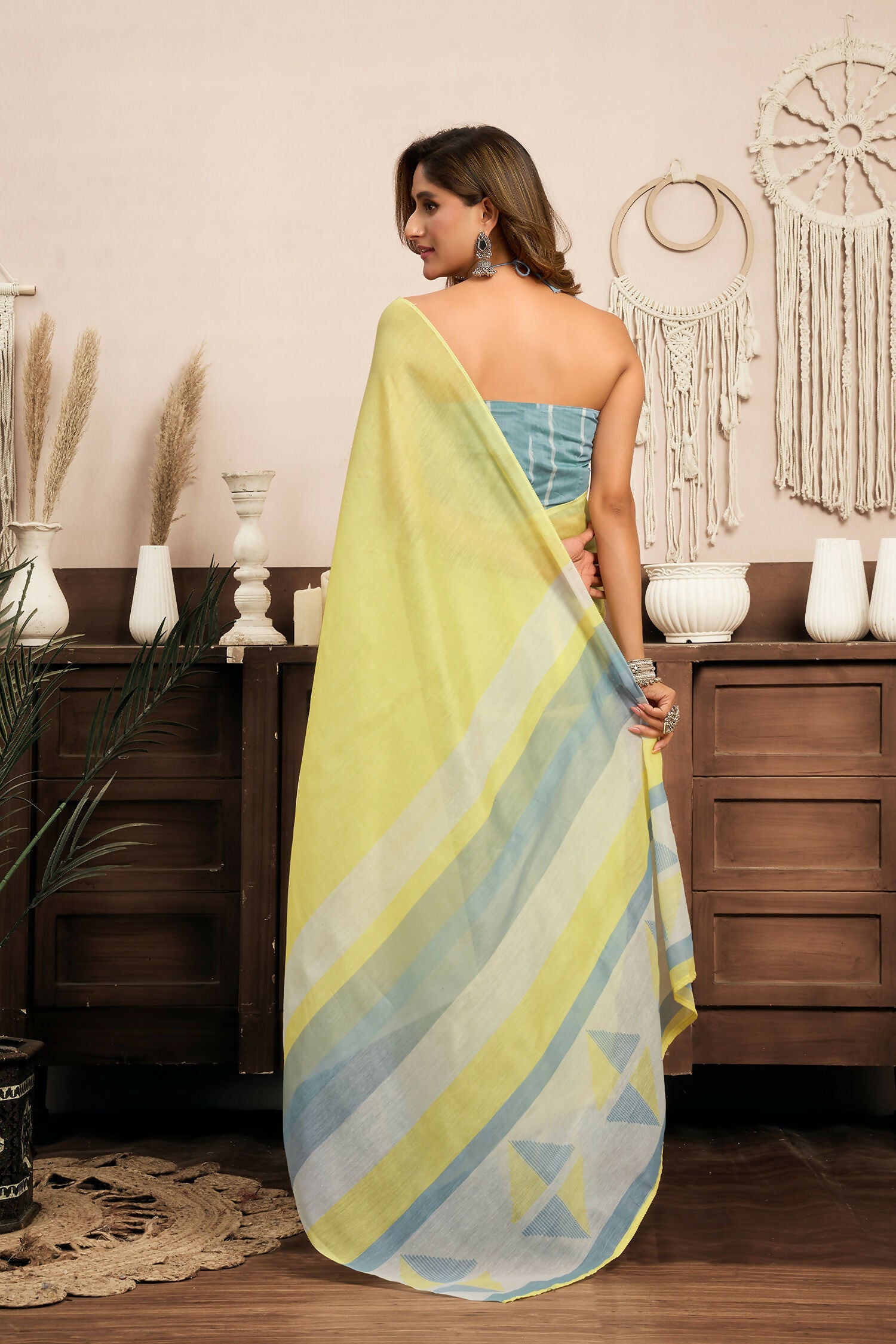 Joban Fashion Bright Yellow Striped & Geomatric Linen Ready To Wear Saree With Unstitched Blouse
