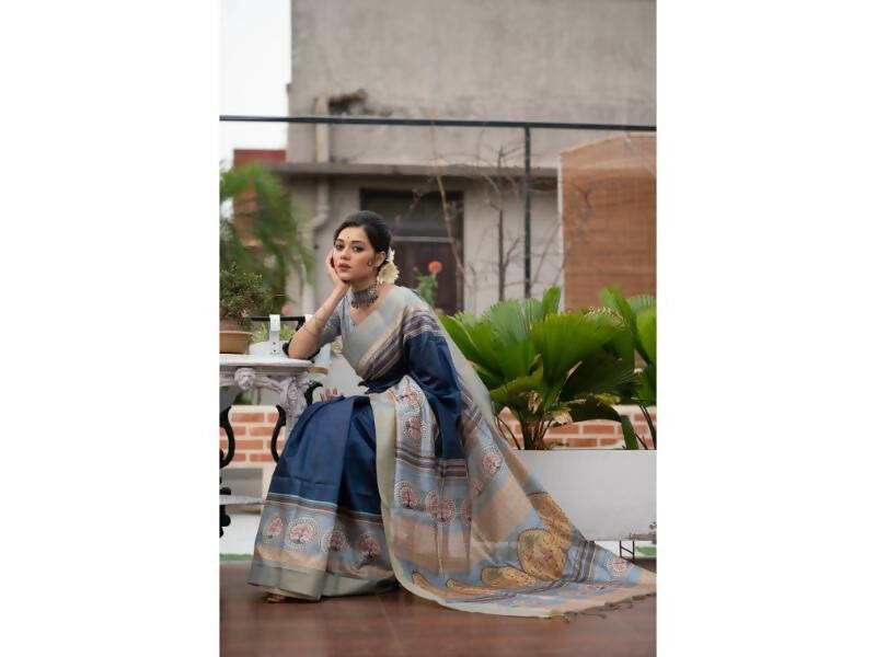 Aastha Fashion Women's Navy Blue Tussar Silk Digital Printed Saree with Blouse - Grab2buy