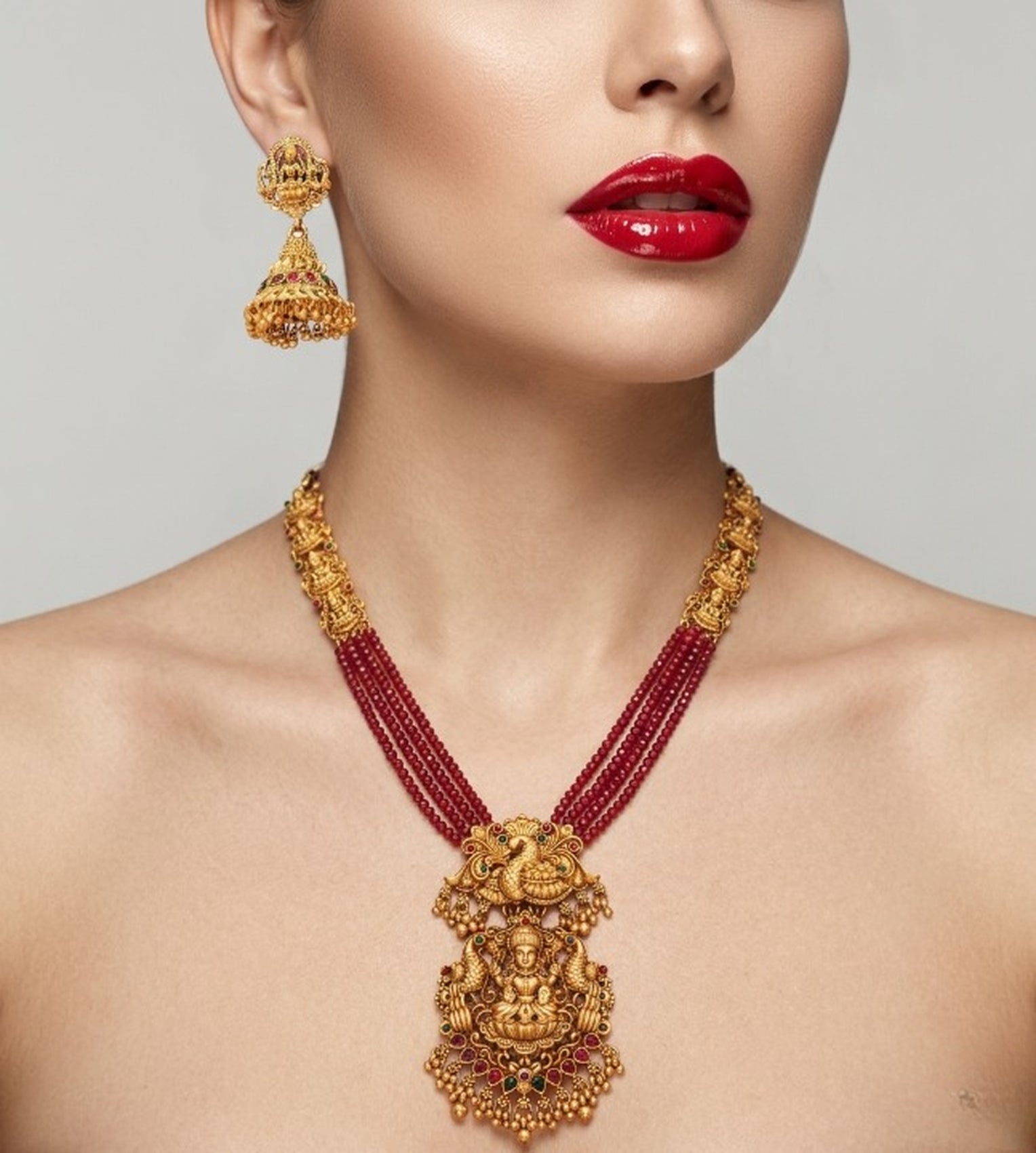Jewel City Gold Plated South Indian Temple Jewelry Set - Long Pearl Haram Necklace with Jhumka Earrings for Wedding
