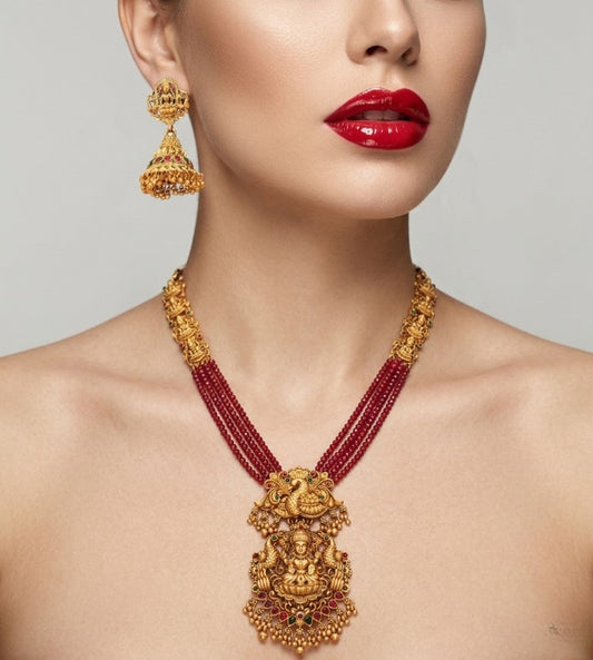 Jewel City Gold Plated South Indian Temple Jewelry Set - Long Pearl Haram Necklace with Jhumka Earrings for Wedding