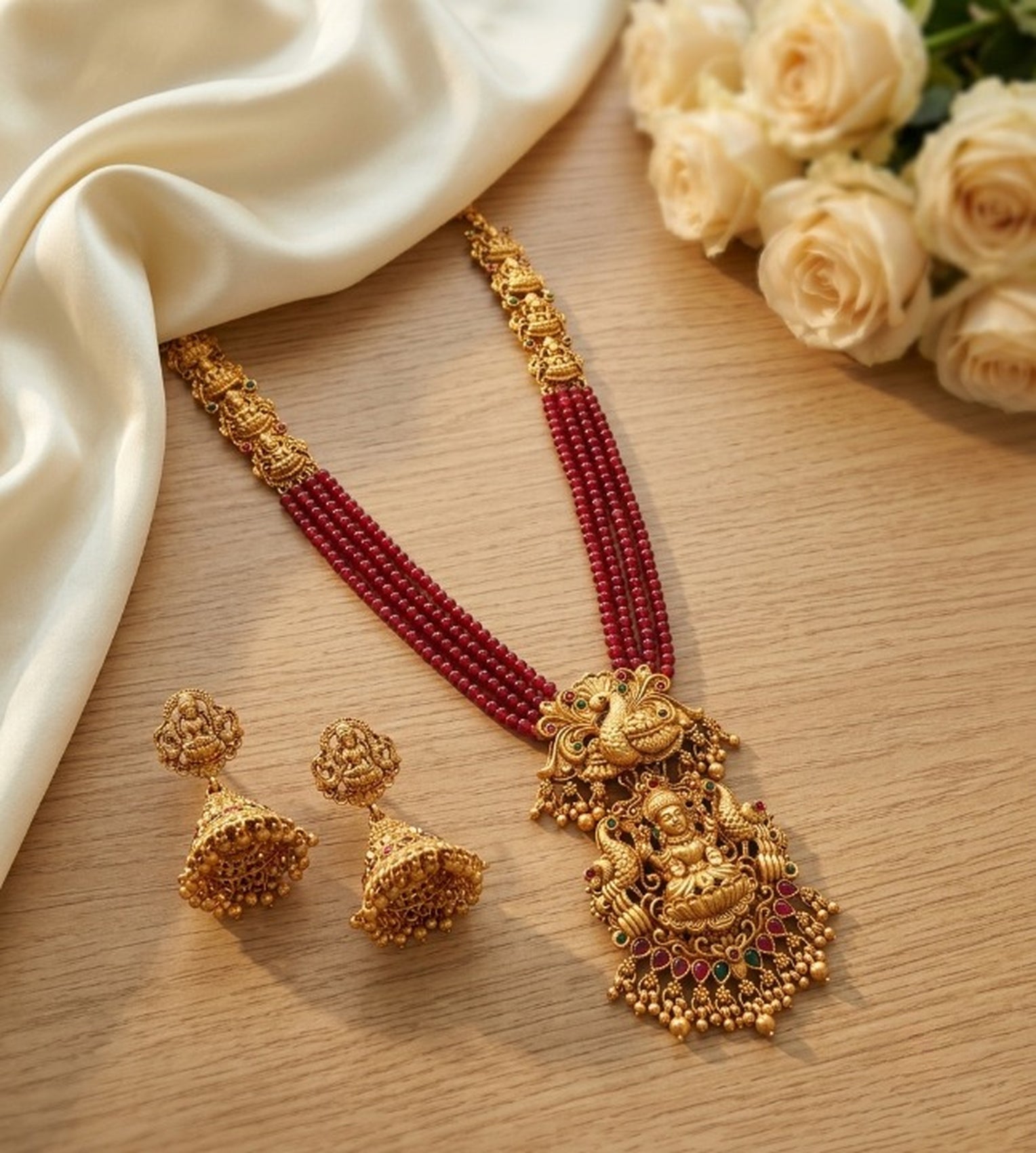 Jewel City Gold Plated South Indian Temple Jewelry Set - Long Pearl Haram Necklace with Jhumka Earrings for Wedding