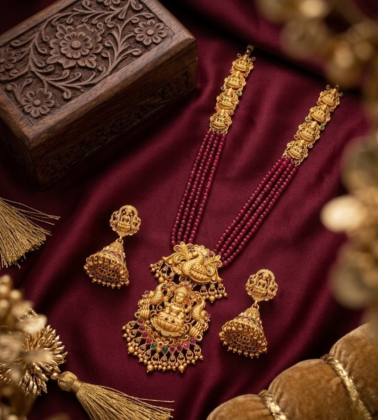 Jewel City Gold Plated South Indian Temple Jewelry Set - Long Pearl Haram Necklace with Jhumka Earrings for Wedding