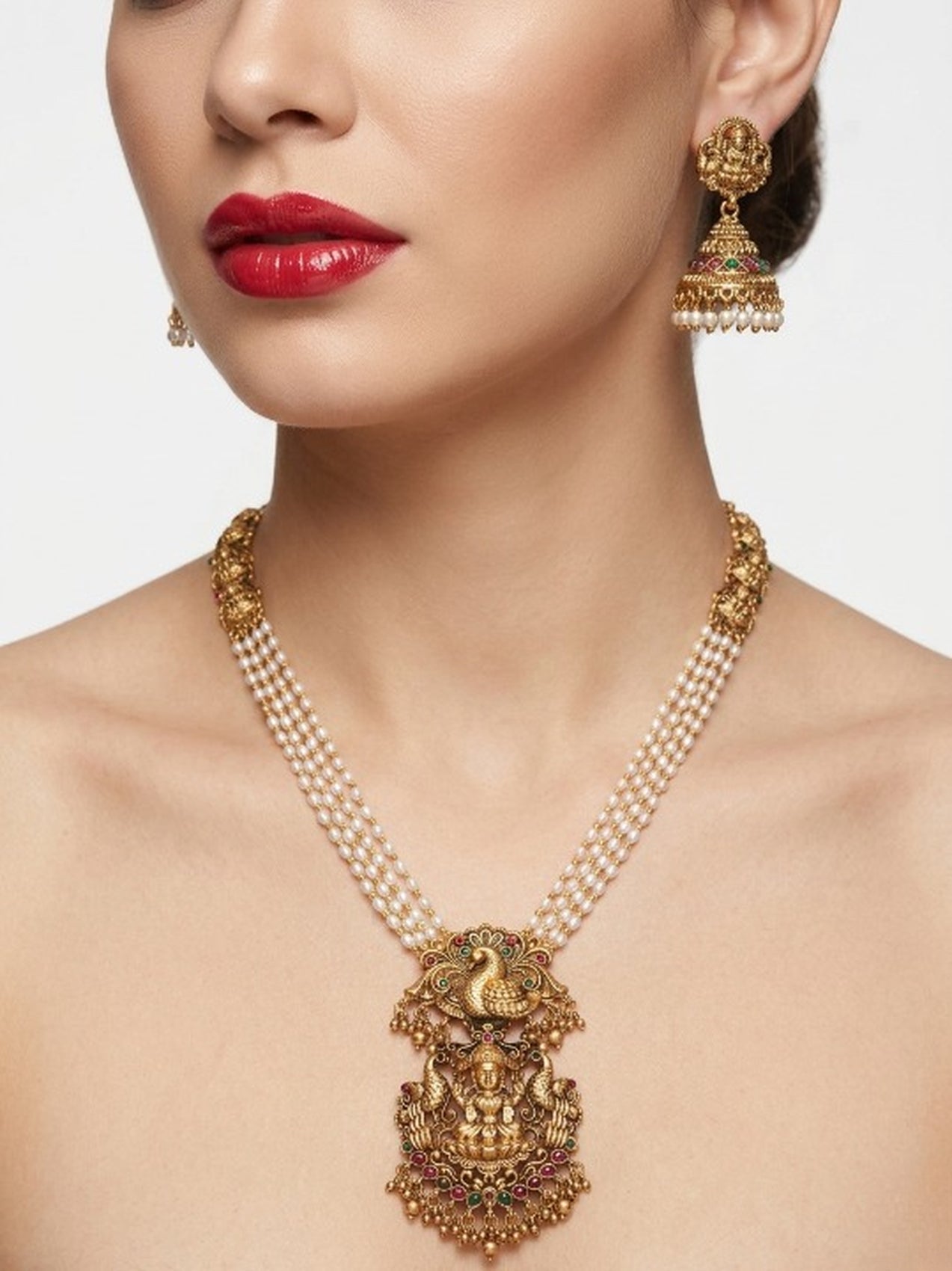 Jewel City Gold Plated South Indian Temple Jewelry Set - Long Pearl Haram Necklace with Jhumka Earrings for Wedding